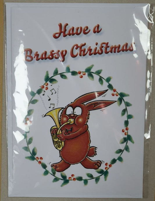 Have A Brassy Christmas - Wreath Greeting Card - Rabbit with Tenor Horn